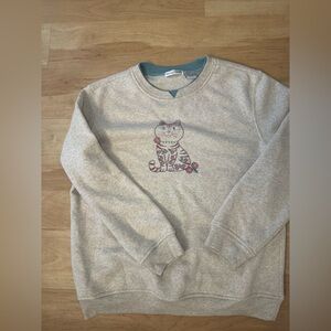 Embroidered Grandma Cat Sweater Beige and Pink Size Medium